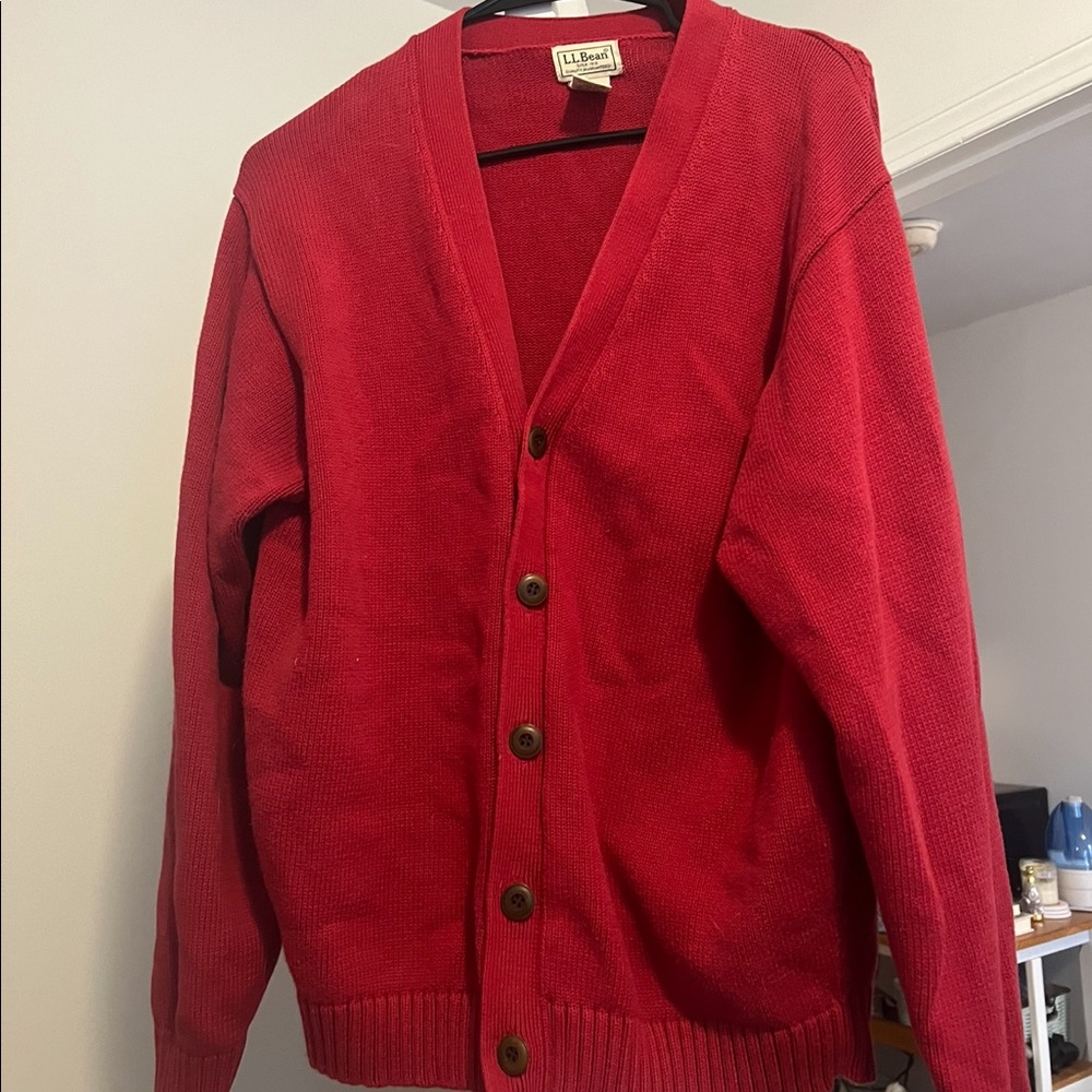 red LL Bean oversized cardigan